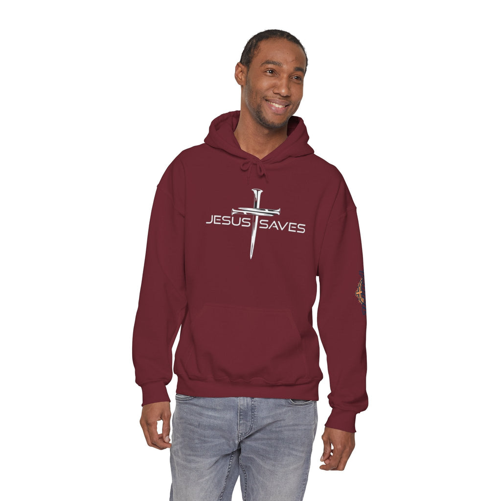 Jesus Saves Hoodie – 3 Nails Crucifix Cross Christian Sweatshirt for Redemption Faith & Bold Salvation Printify