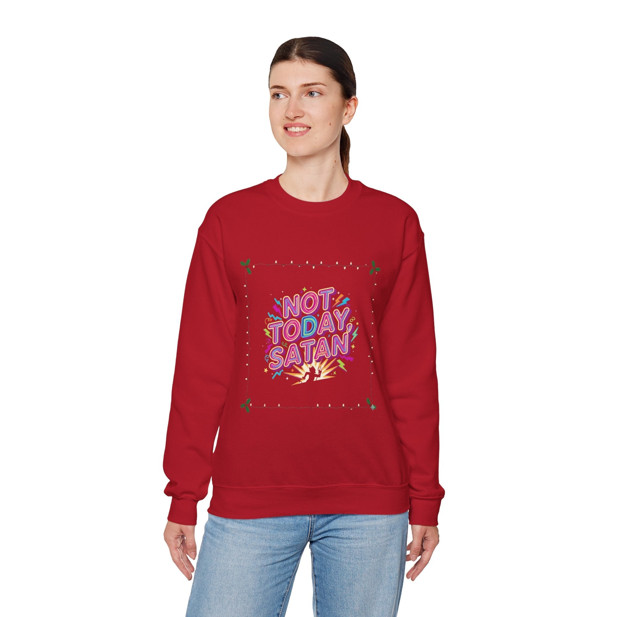 🔥 Not Today, Satan – Retro 90s Christian Sweatshirt | Neon Faith Tee | Funky Cartoon Devil | Bold Bible Verse Shirt | Uplifted Gear Printify