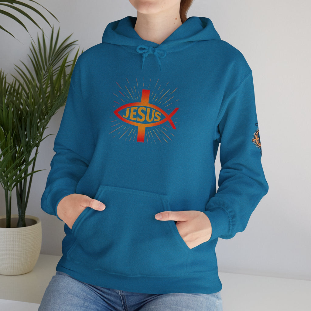 Jesus Ichthys Hoodie – Christian Fish Symbol with Cross & Jesus Inscription Sweatshirt for Eternal Faith & Streetwear Printify