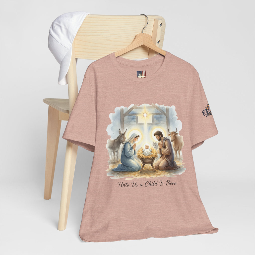 Unto Us a Child is Born T-shirt – Isaiah 9:6 Nativity Manger Scene Christian Christmas T-shirt for Holy Night Faith Printify