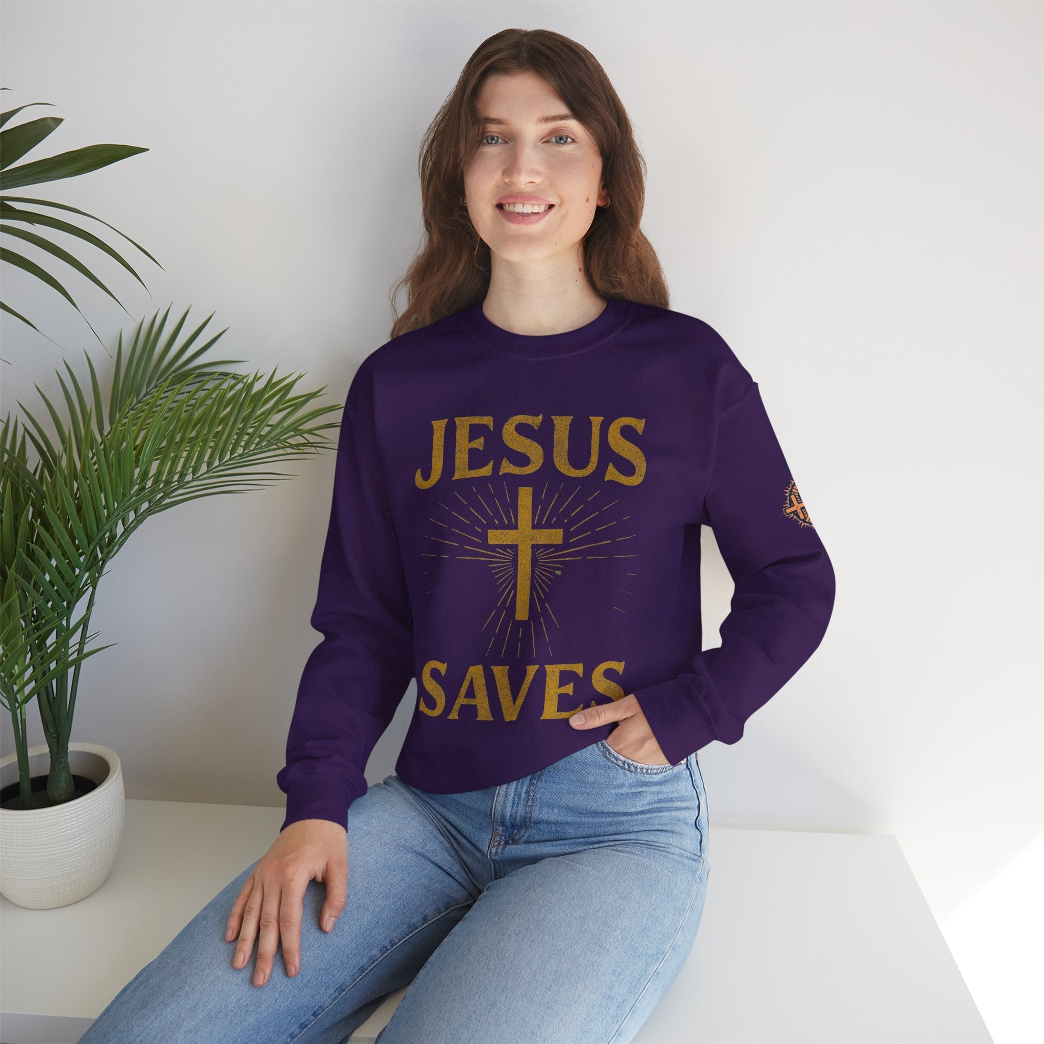 Jesus Saves Sweatshirt – Radiant Cross & Rays of Light Christian Sweatshirt for Eternal Hope & Faith Printify