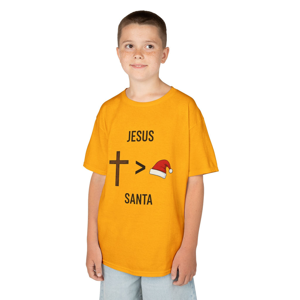 🎄 Jesus > Santa – Minimalist Christian Christmas Kids T-Shirt | Bold Faith Over Holiday Tee | Cross vs Santa Hat Design | Uplifted Gear Printify