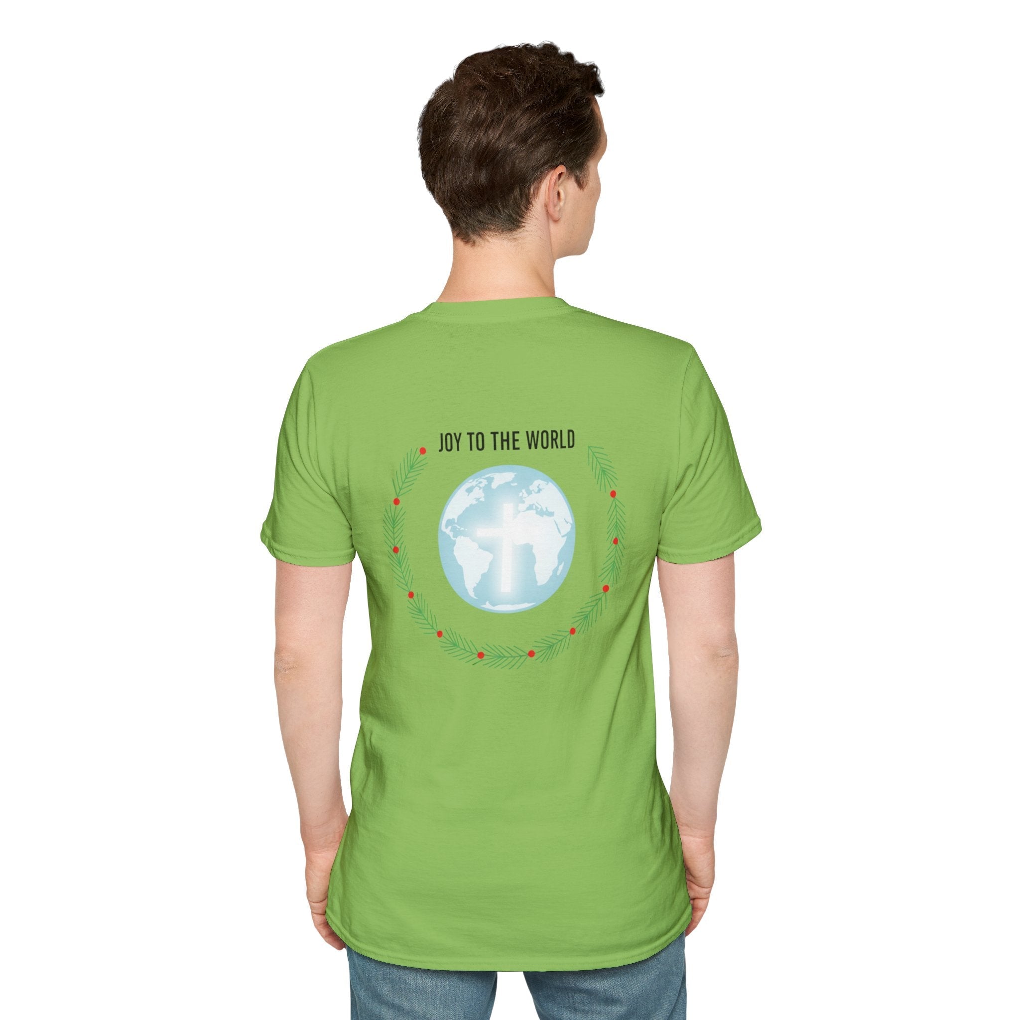 Joy to the World T-shirt – Wreath Earth Nativity Christian Christmas T-shirt for Isaiah 9:6 Holiday Faith & Festive Joy Printify