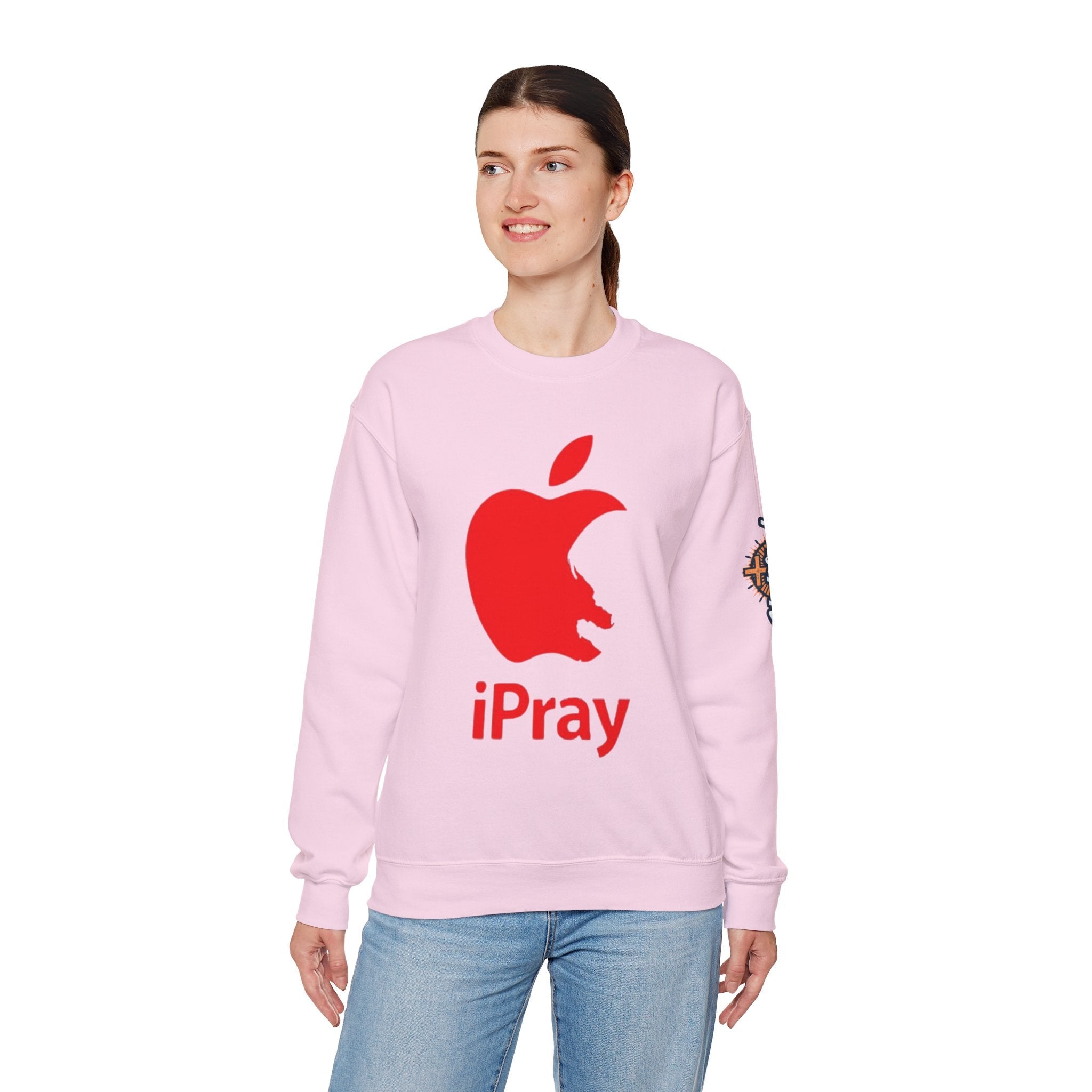 iPray Apple Logo Sweatshirt — Funny Christian Sweatshirt (Minimal Red Apple Graphic) Printify