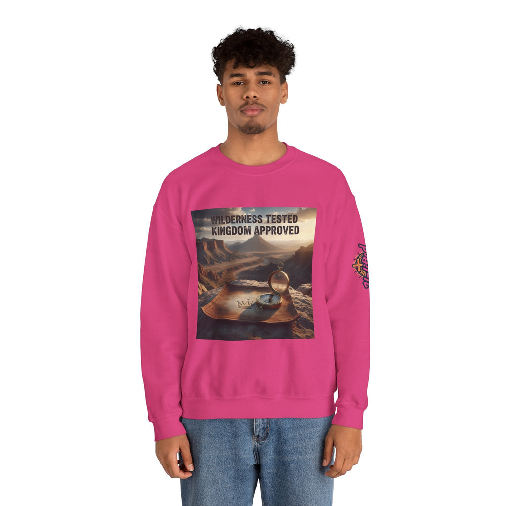 Wilderness Tested Kingdom Approved Sweatshirt – Mountain Desert Compass Crown Christian Sweatshirt for Biblical Adventure Faith Printify