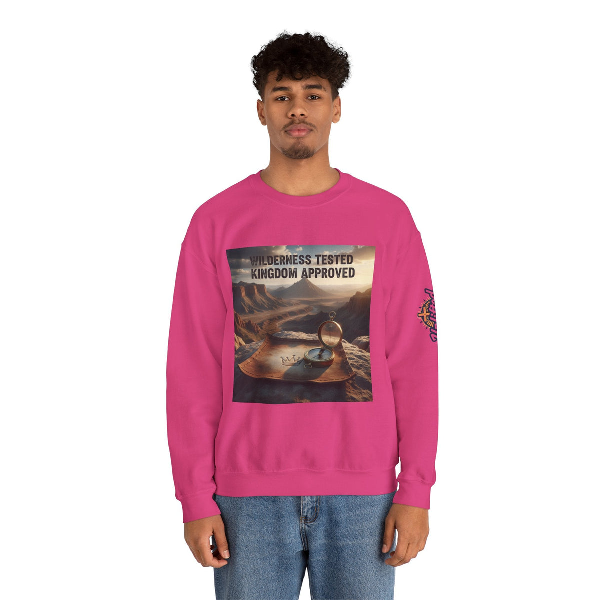 Wilderness Tested Kingdom Approved Sweatshirt – Mountain Desert Compass Crown Christian Sweatshirt for Biblical Adventure Faith Printify
