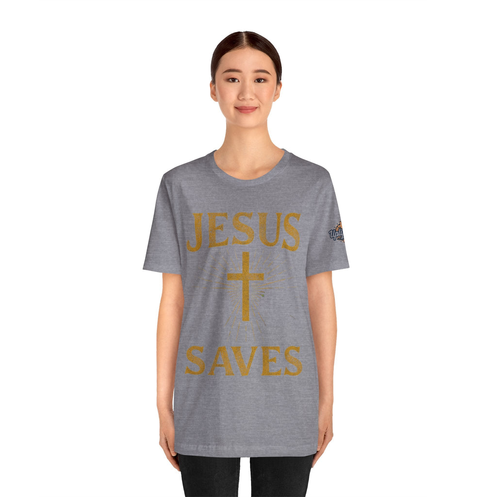 Jesus Saves T-shirt – Radiant Cross & Rays of Light Christian T-shirt for Eternal Hope & Faith Printify