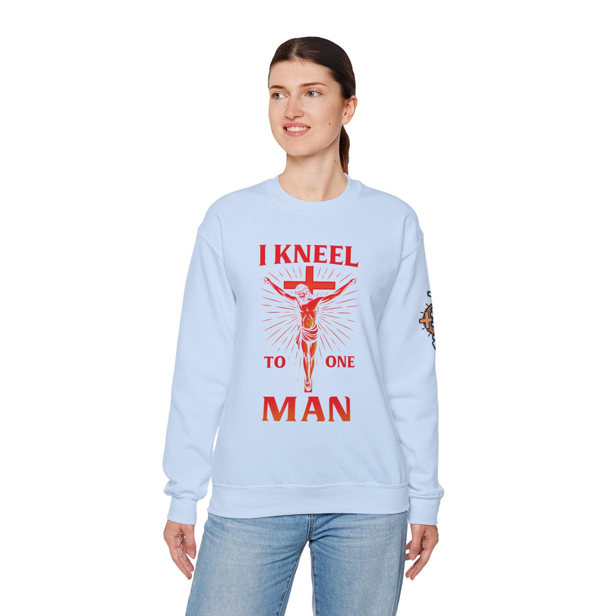 I Kneel to One Man Sweatshirt – Crucifixion Christian Sweatshirt for Unashamed Devotion & Bold Faith Printify