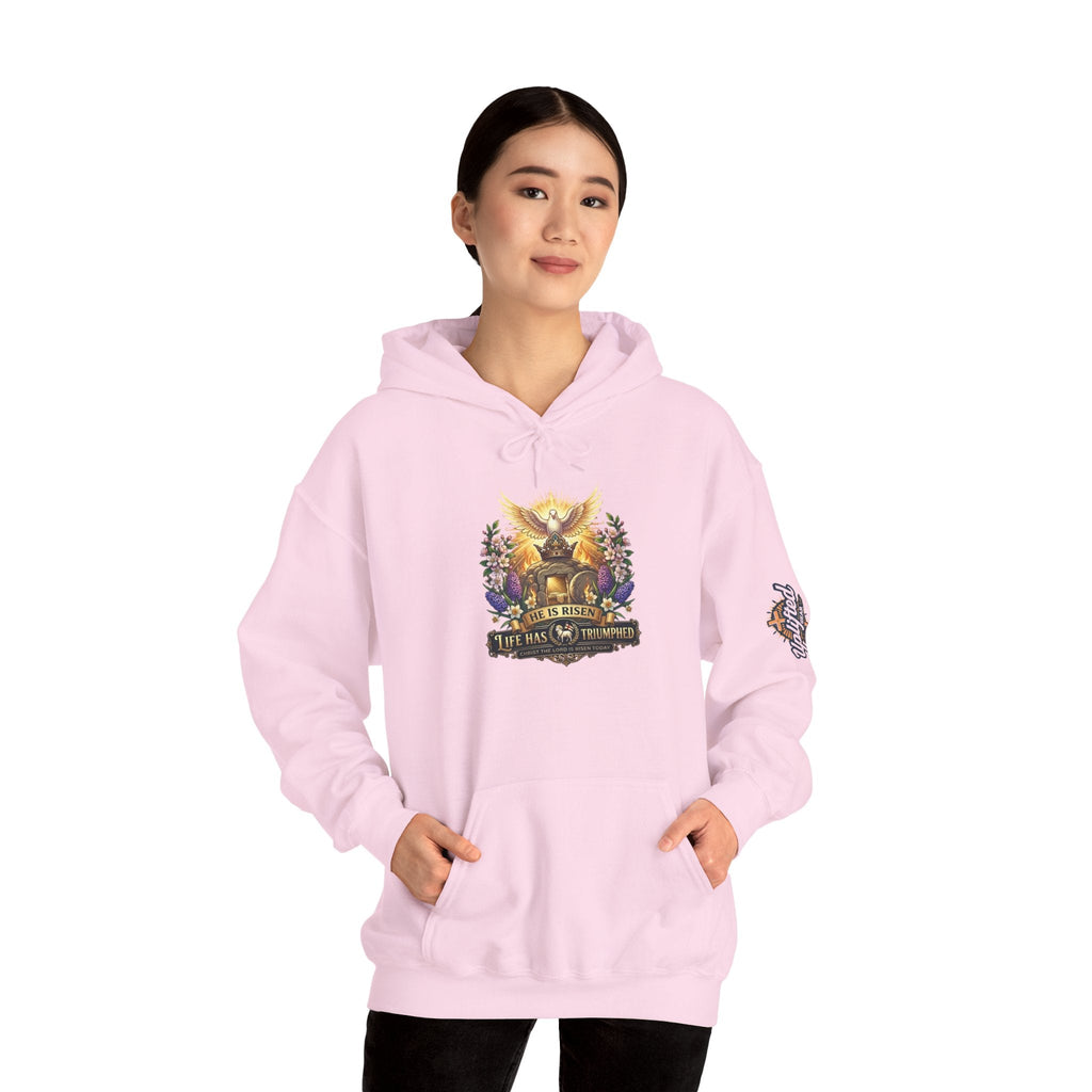 He Is Risen "Life Has Triumphed" Hoodie — Easter Resurrection Christian Hoodie Printify