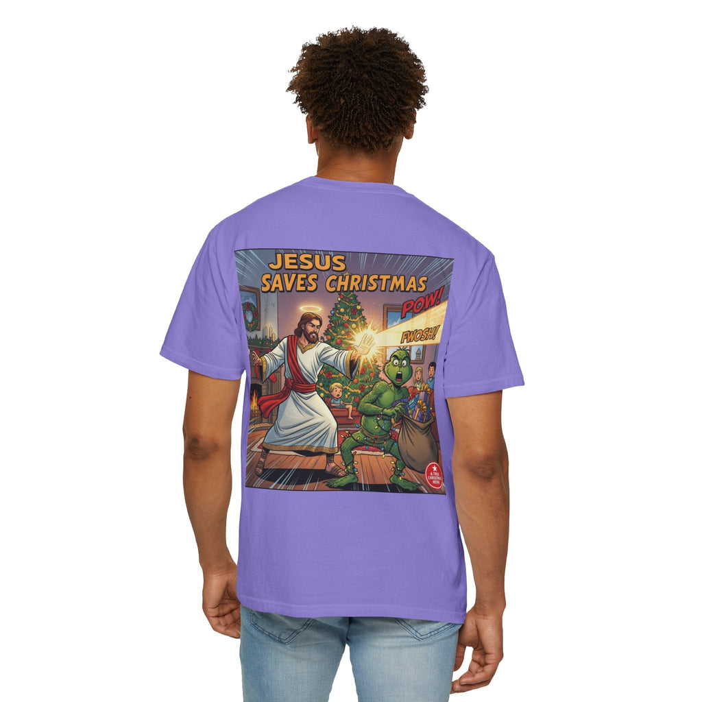 Jesus Saves Christmas T-shirt – Grinch vs Savior Light Battle Christian T-shirt for Hilarious Holiday Faith & True Joy Printify