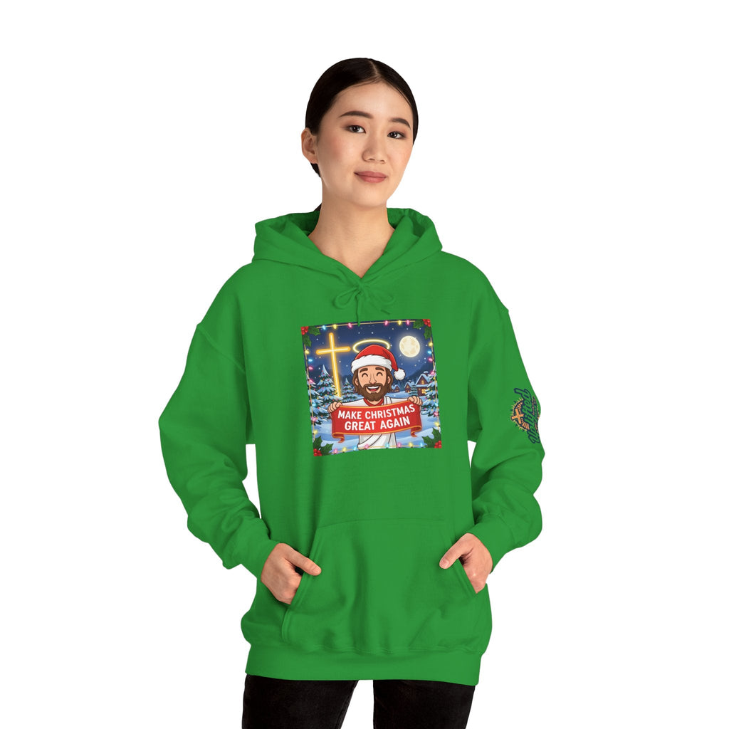 🎄 Make Christmas Great Again – Funny Christian Hoodie | Jesus Holding Banner | Faith-Based Holiday Parody Tee | Uplifted Gear Printify