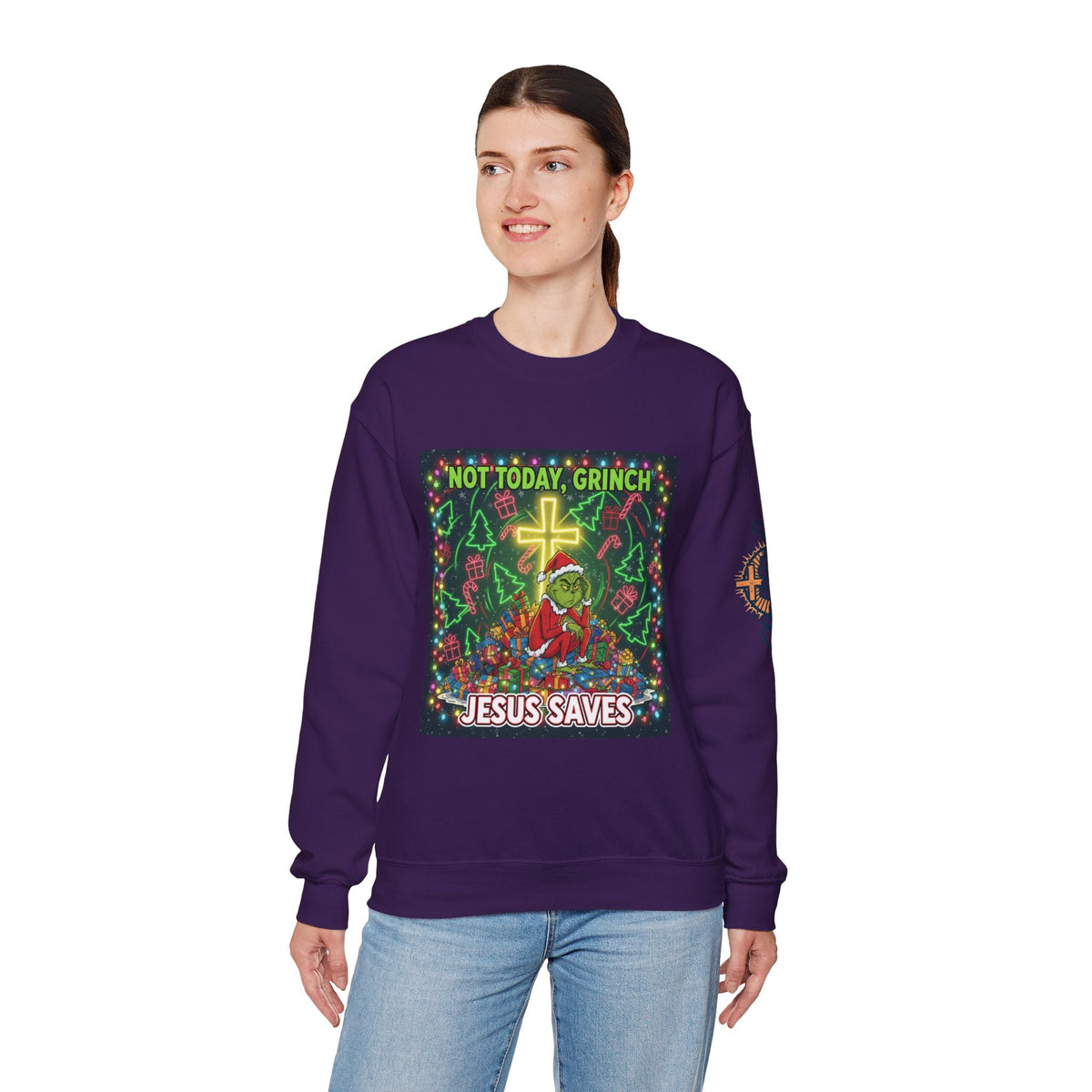 🎄 Not Today, Grinch – Jesus Saves | Funny Christian Christmas Sweatshirt | Festive Green & Red Cartoon Style | Bold Faith Holiday Tee by Uplifted Gear Printify