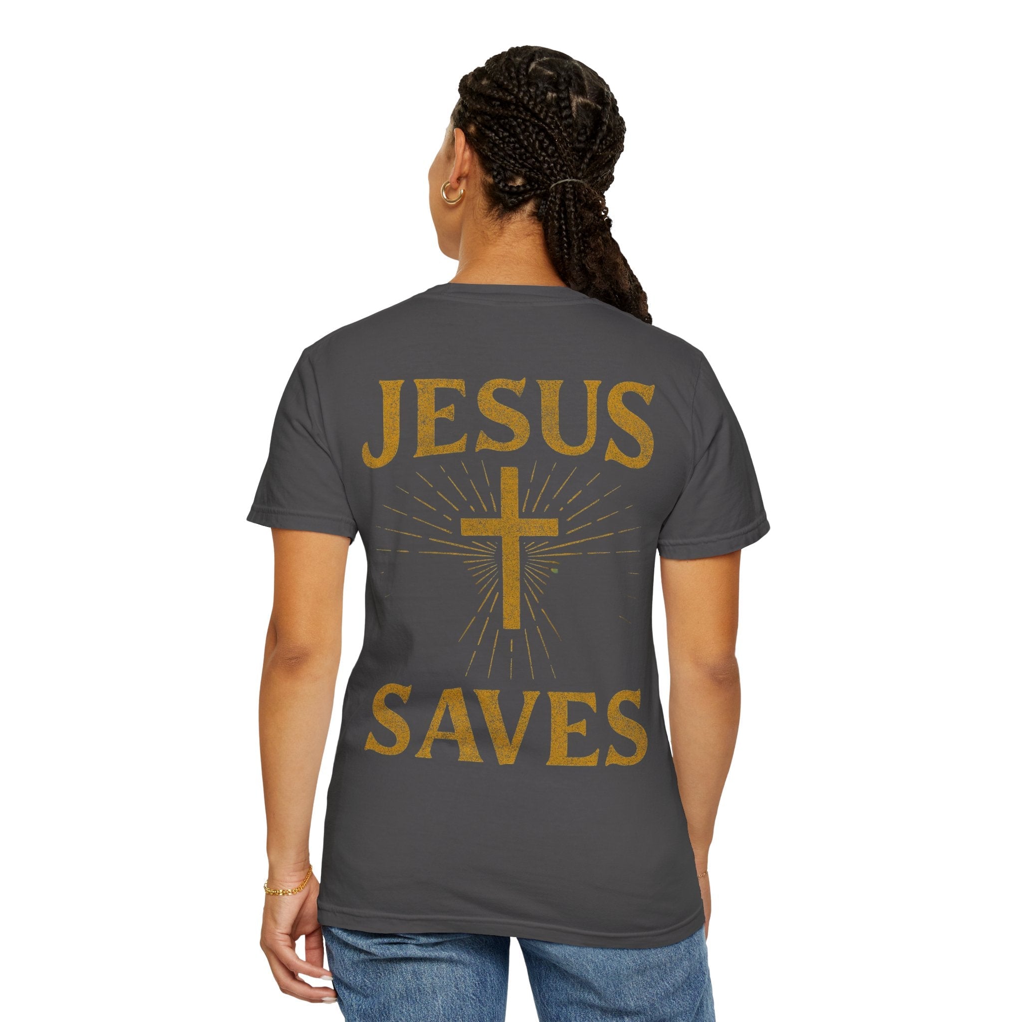 Jesus Saves T-shirt – Radiant Cross & Rays of Light Christian T-shirt for Eternal Hope & Faith Printify