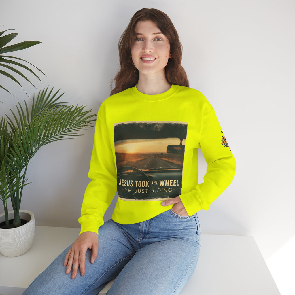 Jesus Took the Wheel I'm Just Riding Sweatshirt – Funny Christian Convertible Car Sweatshirt for Surrendered Faith & Humor