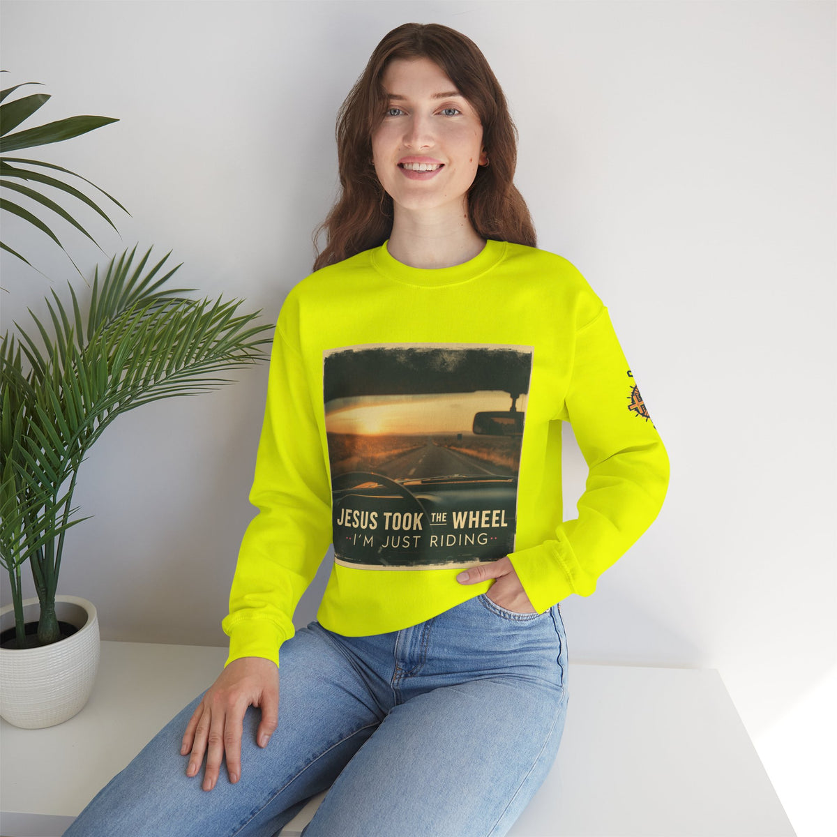 Jesus Took the Wheel I'm Just Riding Sweatshirt – Funny Christian Convertible Car Sweatshirt for Surrendered Faith & Humor