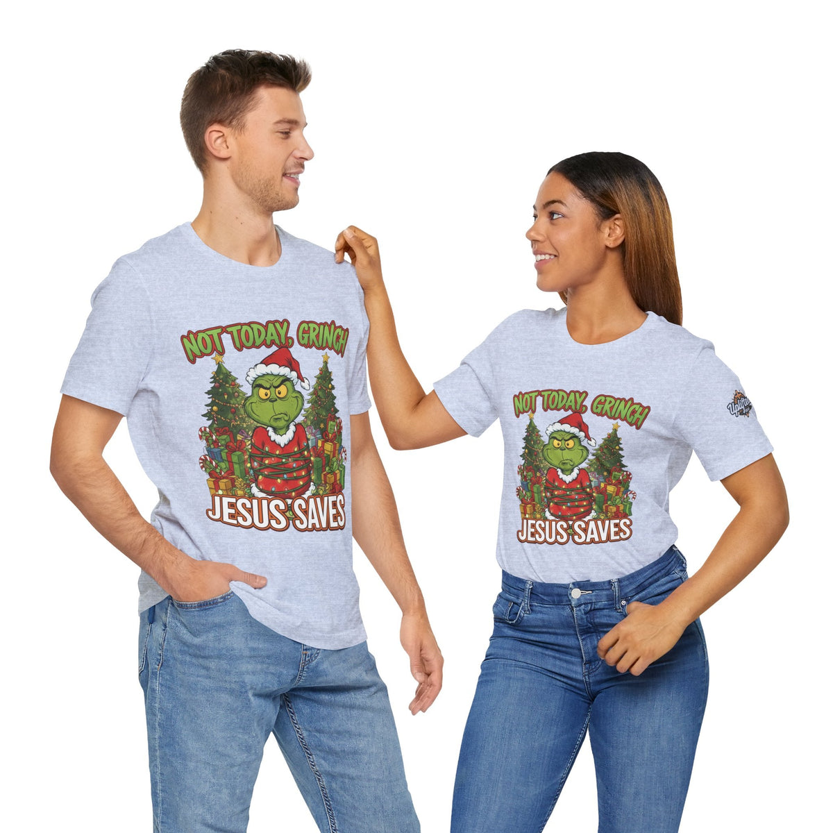 🎄 Not Today, Grinch – Jesus Saves | Funny Christian Christmas T-Shirt | Sulking Grinch & Glowing Cross | Bold Neon Faith Tee by Uplifted Gear Printify