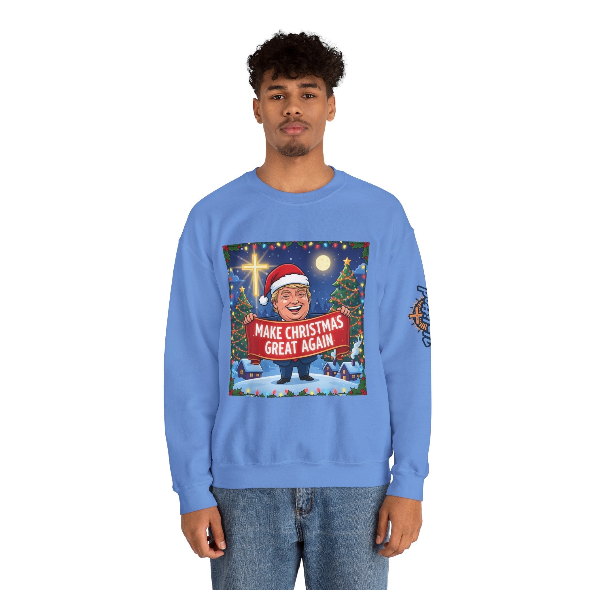 🎄 Make Christmas Great Again – Patriotic Christian Christmas Sweatshirt | Bold Holiday Faith Tee | Red & White Banner Design | Uplifted Gear Printify