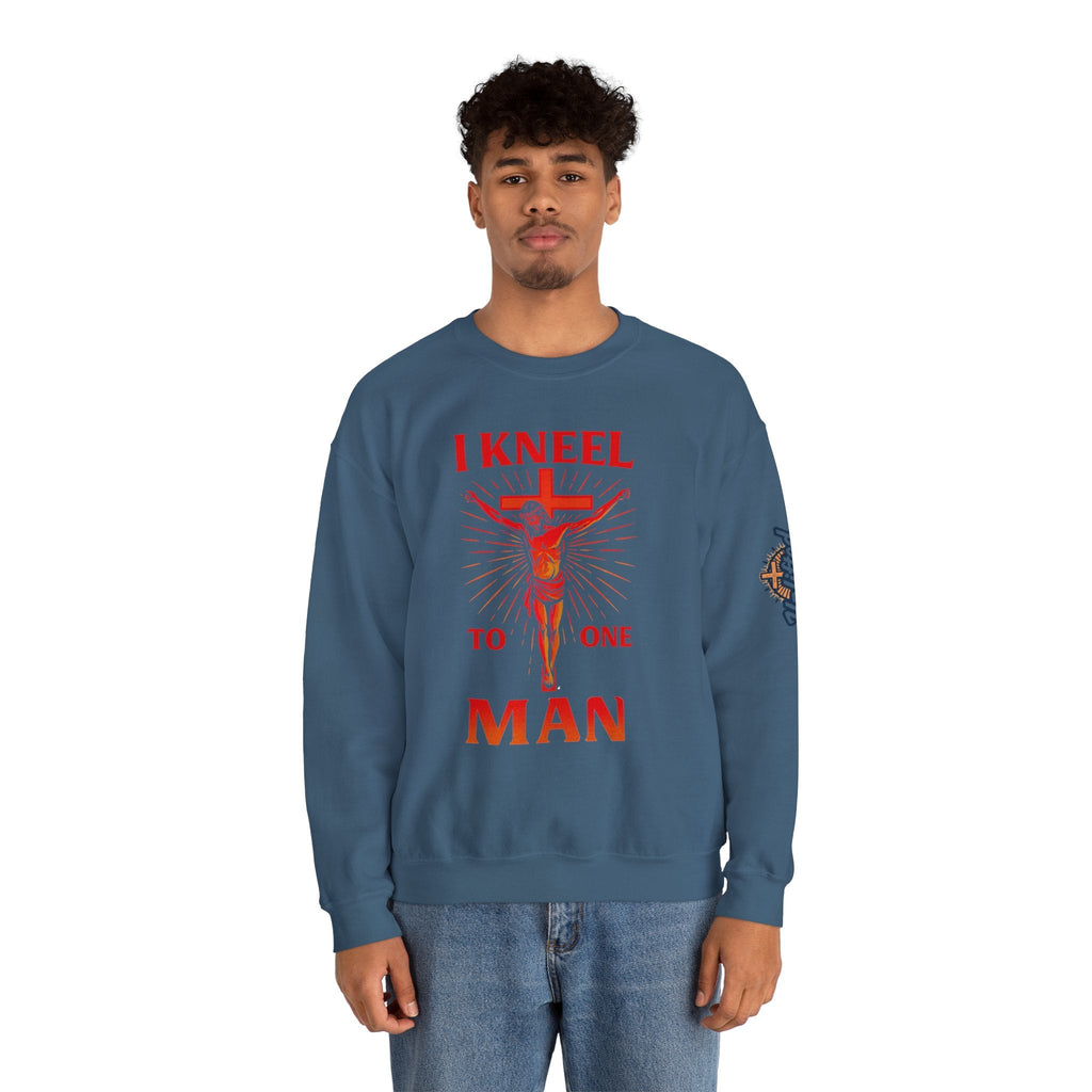 I Kneel to One Man Sweatshirt – Crucifixion Christian Sweatshirt for Unashamed Devotion & Bold Faith Printify