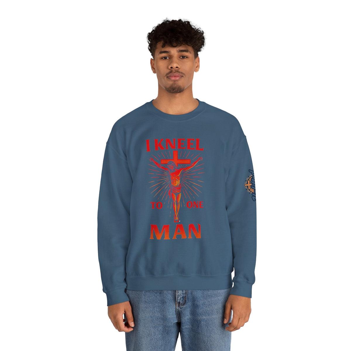 I Kneel to One Man Sweatshirt – Crucifixion Christian Sweatshirt for Unashamed Devotion & Bold Faith Printify