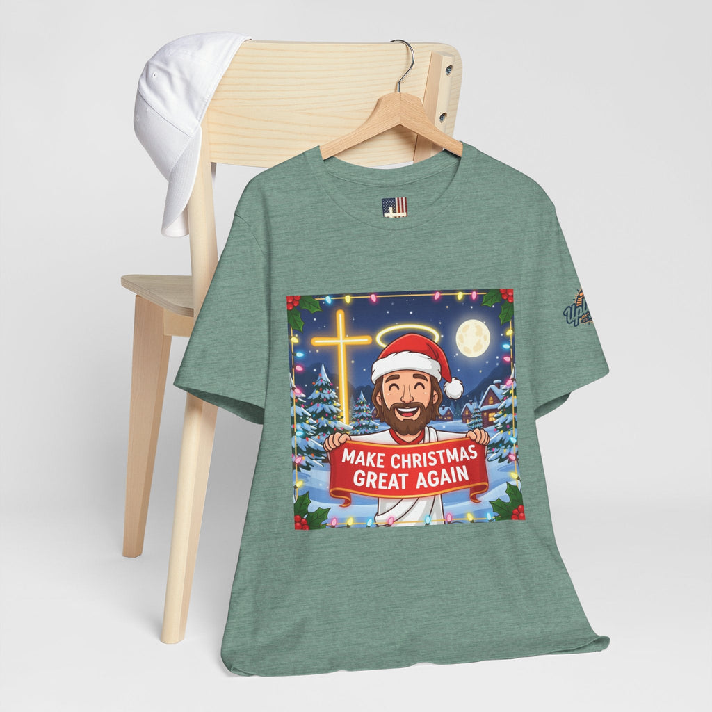 🎄 Make Christmas Great Again – Funny Christian T-Shirt | Jesus Holding Banner | Faith-Based Holiday Parody Tee | Uplifted Gear Printify