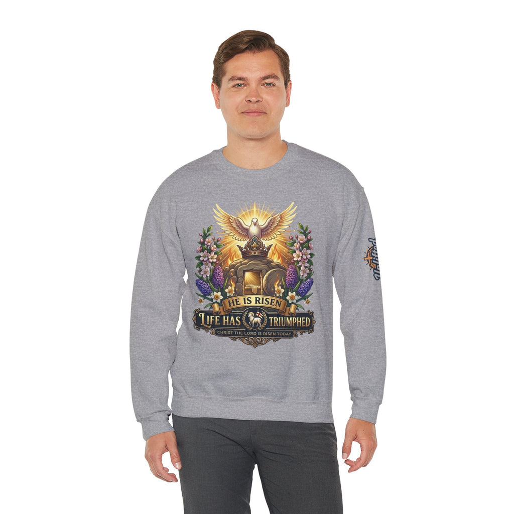 He Is Risen "Life Has Triumphed" Sweatshirt — Easter Resurrection Christian Sweatshirt Printify