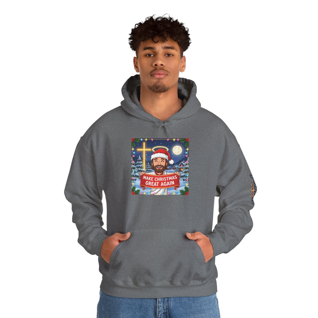🎄 Make Christmas Great Again – Funny Christian Hoodie | Jesus Holding Banner | Faith-Based Holiday Parody Tee | Uplifted Gear Printify
