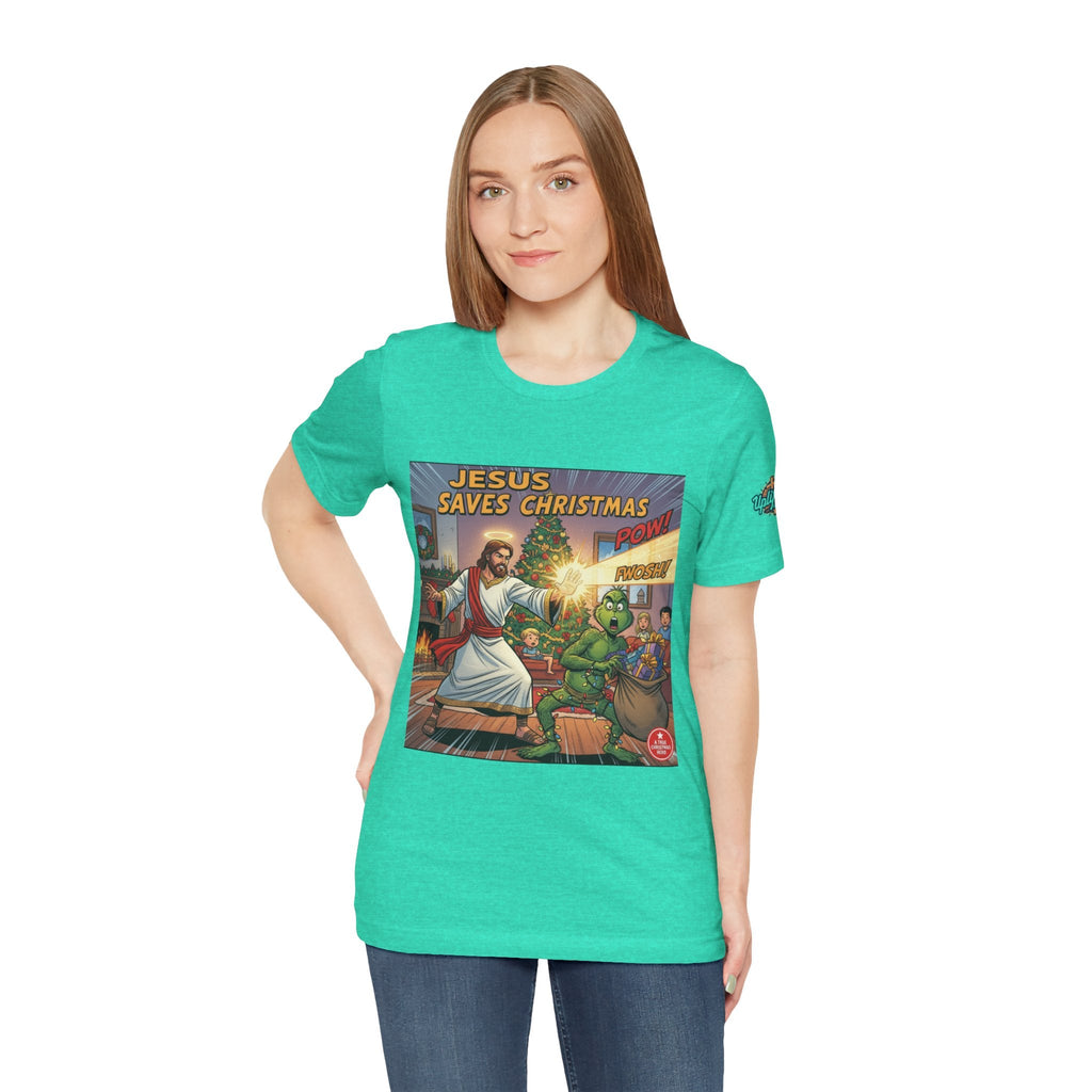 Jesus Saves Christmas T-shirt – Grinch vs Savior Light Battle Christian T-shirt for Hilarious Holiday Faith & True Joy Printify