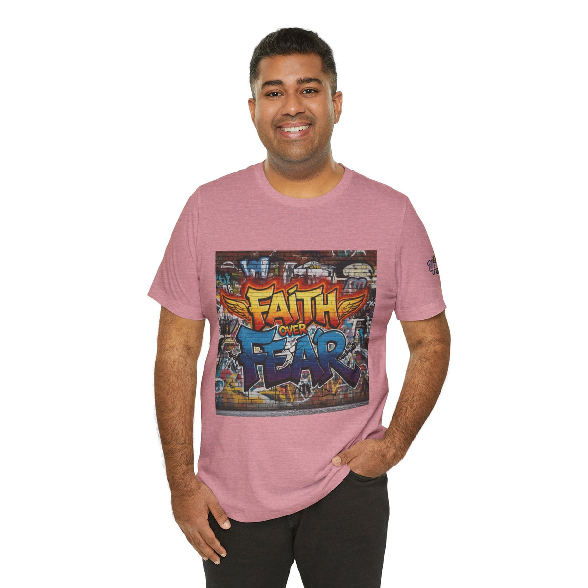 Faith Over Fear T-shirt – Graffiti Wall Christian T-shirt for Bold 2 Corinthians 5:7 Streetwear & Unshakable Faith Printify