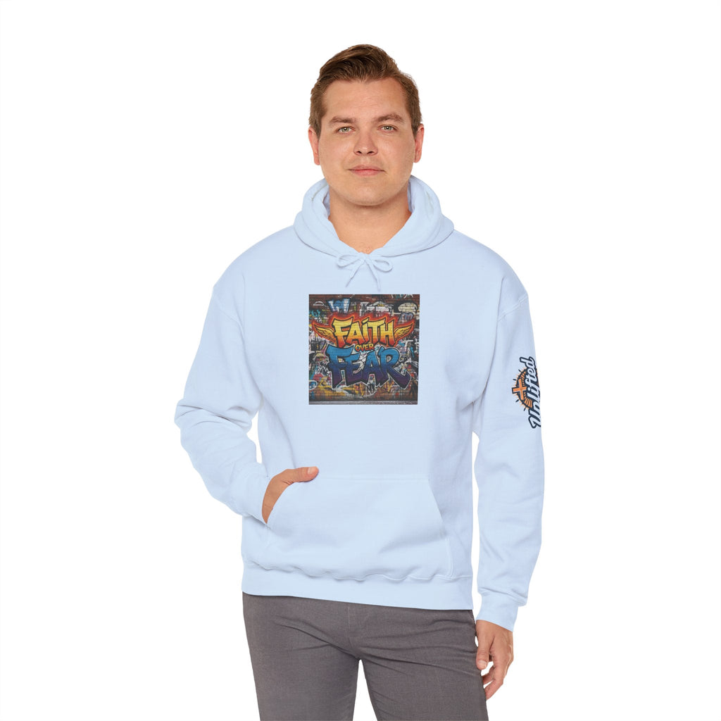 Faith Over Fear Hoodie – Graffiti Wall Christian Sweatshirt for Bold 2 Corinthians 5:7 Streetwear & Unshakable Faith Printify