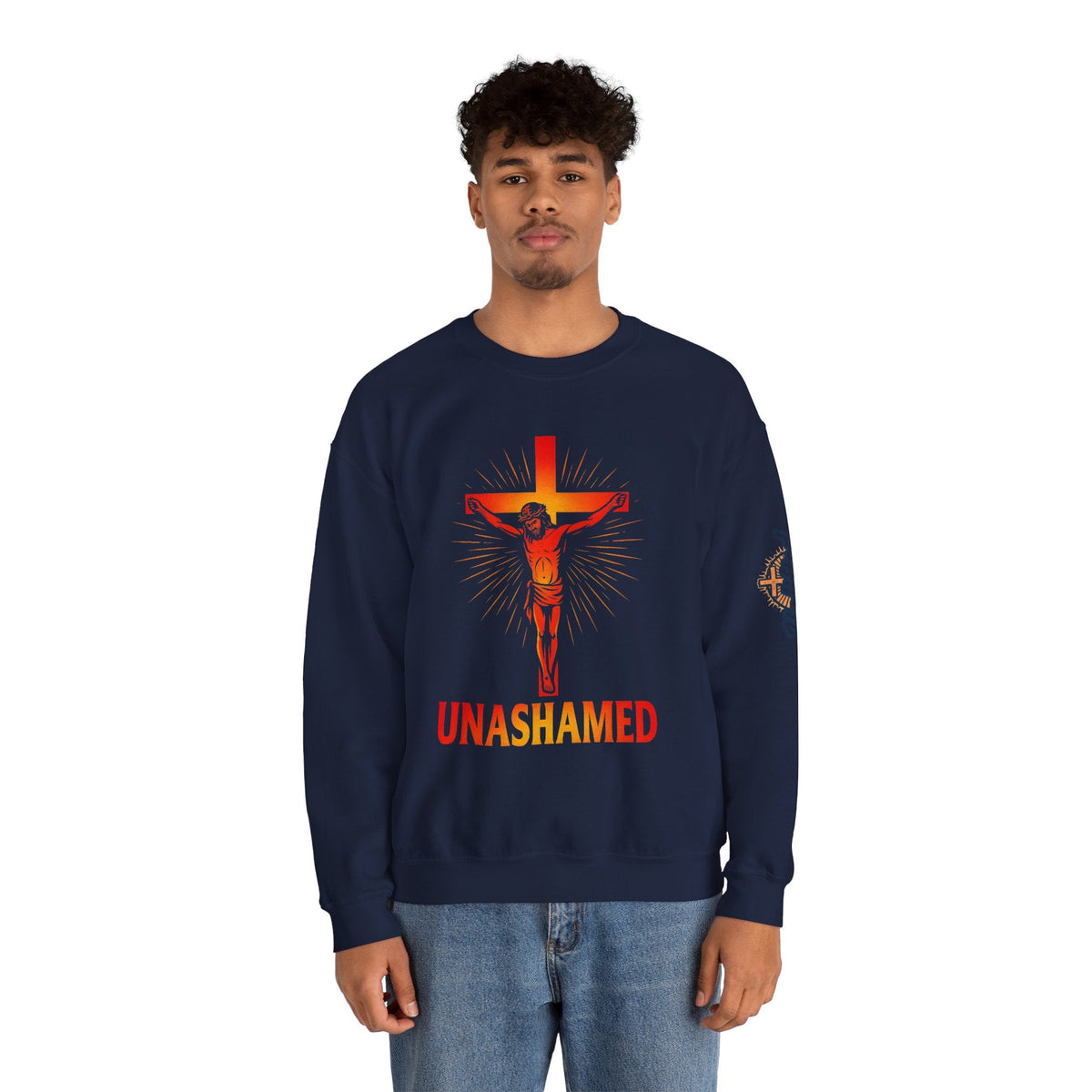 Unashamed Sweatshirt – Romans 1:16 Crucifixion Christian Sweatshirt for Bold Unwavering Faith Printify