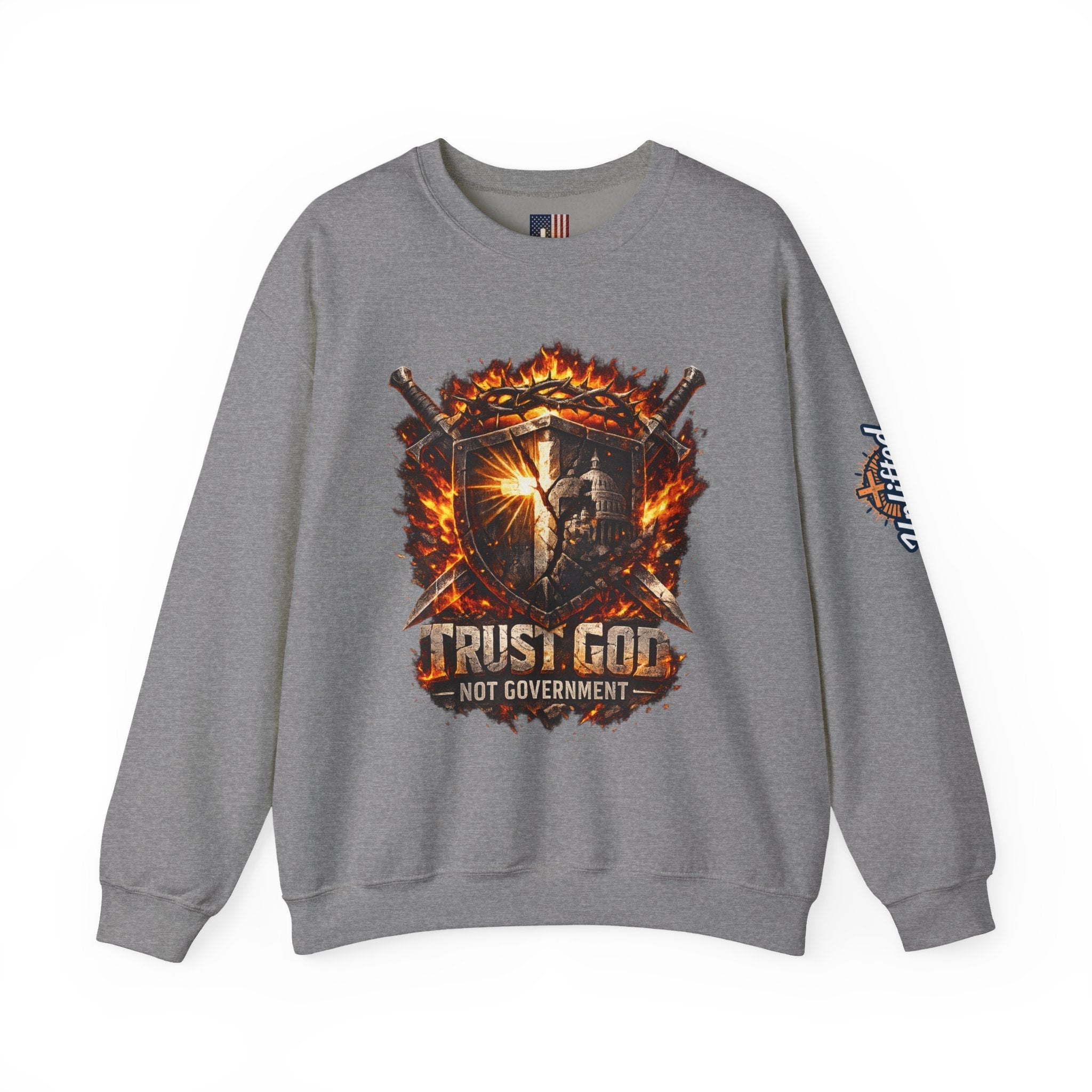 Trust God Not Government Shield Sweatshirt — Patriotic Christian Faith Sweatshirt Printify