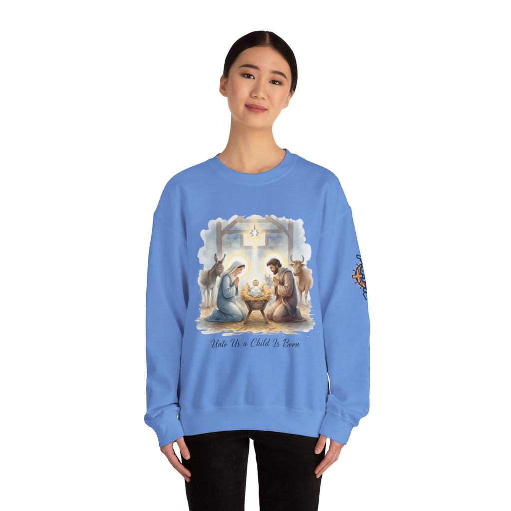 Unto Us a Child is Born Sweatshirt – Isaiah 9:6 Nativity Manger Scene Christian Christmas Sweatshirt for Holy Night Faith Printify