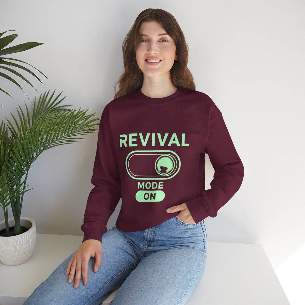 🔥 Revival Mode: ON – Christian Techwear Sweatshirt | Glowing Green Faith Switch | Futuristic Jesus Shirt | Activate Your Spiritual Awakening | Uplifted Gear Printify
