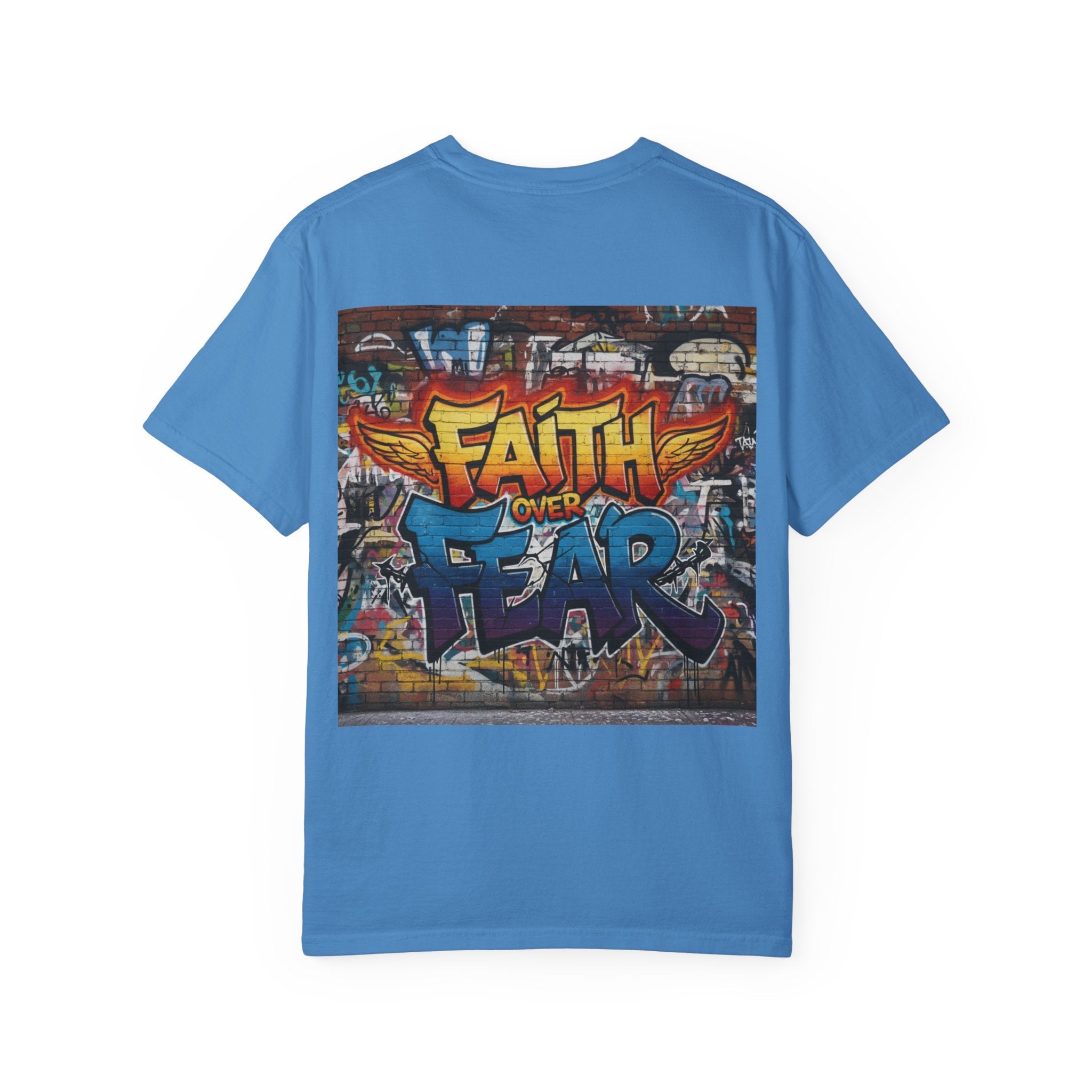Faith Over Fear T-shirt – Graffiti Wall Christian T-shirt for Bold 2 Corinthians 5:7 Streetwear & Unshakable Faith Printify
