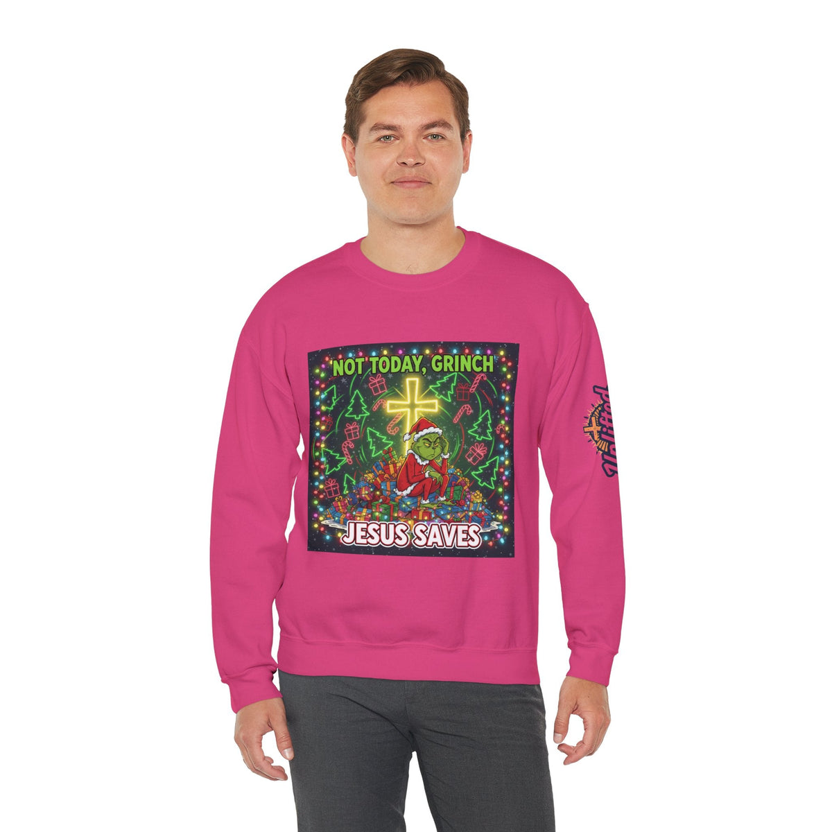 🎄 Not Today, Grinch – Jesus Saves | Funny Christian Christmas Sweatshirt | Festive Green & Red Cartoon Style | Bold Faith Holiday Tee by Uplifted Gear Printify