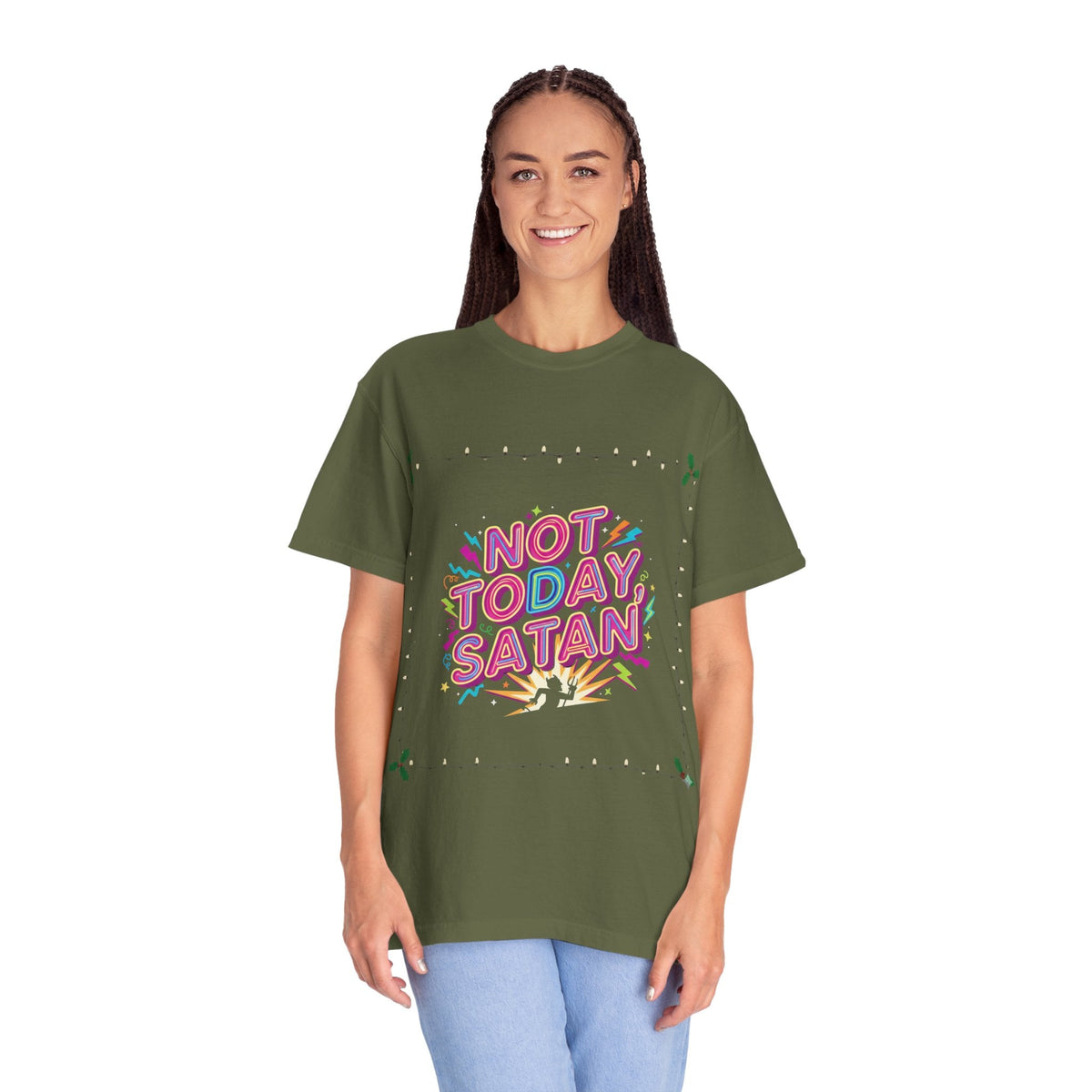 🔥 Not Today, Satan – Retro 90s Christian T-Shirt | Neon Faith Tee | Funky Cartoon Devil | Bold Bible Verse Shirt | Uplifted Gear Printify
