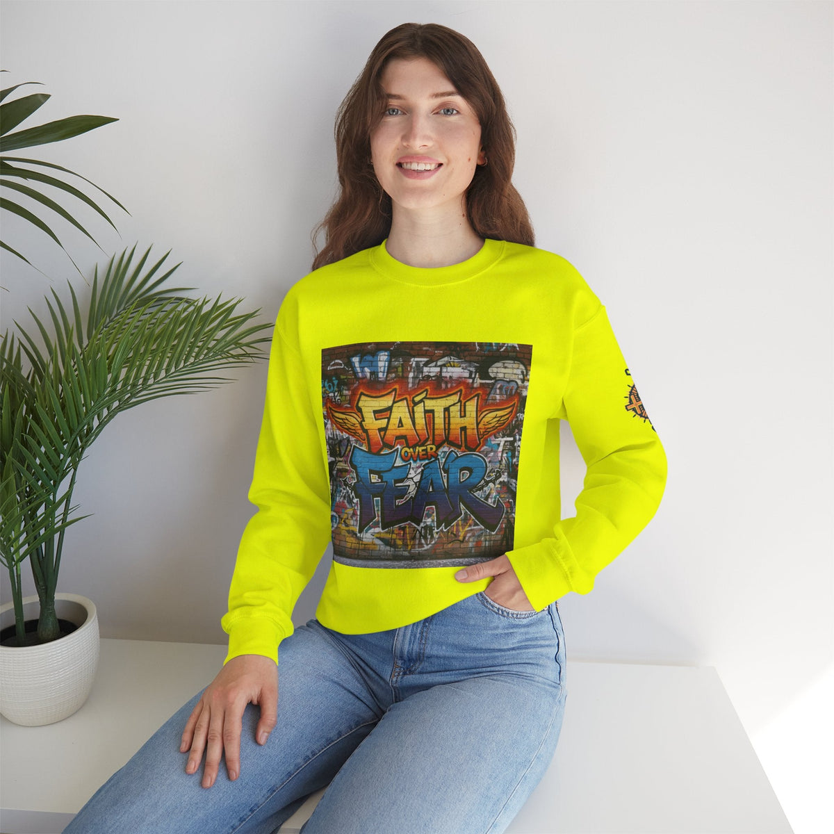 Faith Over Fear Sweatshirt – Graffiti Wall Christian Sweatshirt for Bold 2 Corinthians 5:7 Streetwear & Unshakable Faith Printify