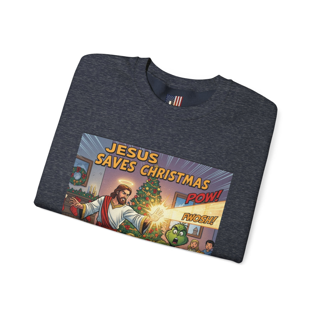 Jesus Saves Christmas Sweatshirt – Grinch vs Savior Light Battle Christian Sweatshirt for Hilarious Holiday Faith & True Joy Printify