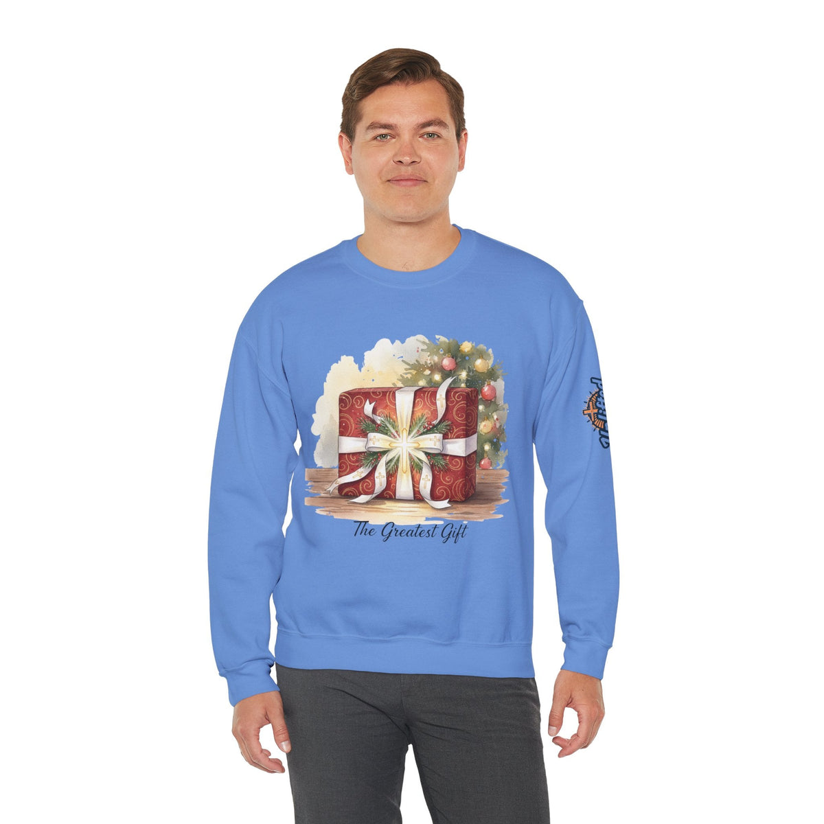 The Greatest Gift Sweatshirt – Cross Bow Present Christian Sweatshirt for Christmas Salvation & Eternal Faith Printify