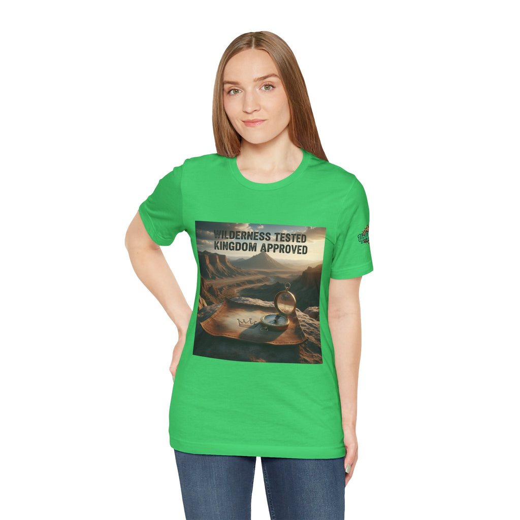 Wilderness Tested Kingdom Approved T-shirt – Mountain Desert Compass Crown Christian T-shirt for Biblical Adventure Faith Printify