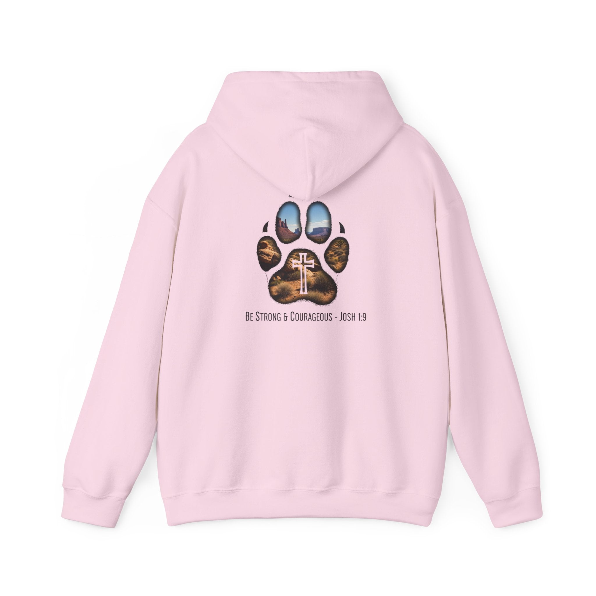 Strong and Courageous Hoodie – Joshua 1:9 Canine Pawprint Desert Christian Hoodie for Dog Lovers Printify