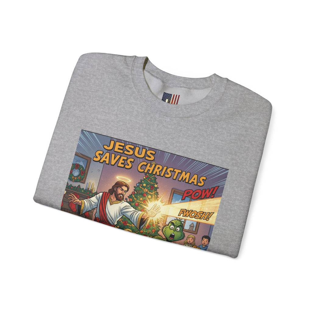 Jesus Saves Christmas Sweatshirt – Grinch vs Savior Light Battle Christian Sweatshirt for Hilarious Holiday Faith & True Joy Printify