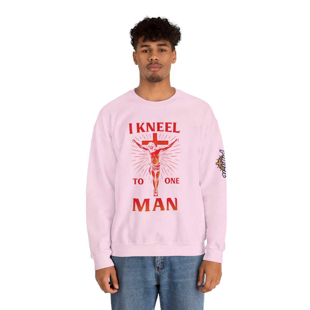 I Kneel to One Man Sweatshirt – Crucifixion Christian Sweatshirt for Unashamed Devotion & Bold Faith Printify