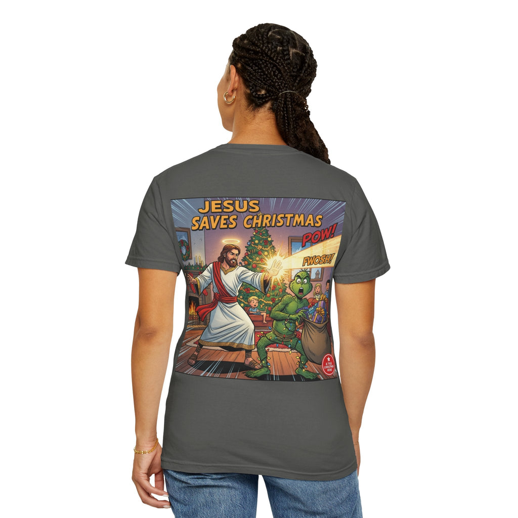 Jesus Saves Christmas T-shirt – Grinch vs Savior Light Battle Christian T-shirt for Hilarious Holiday Faith & True Joy Printify