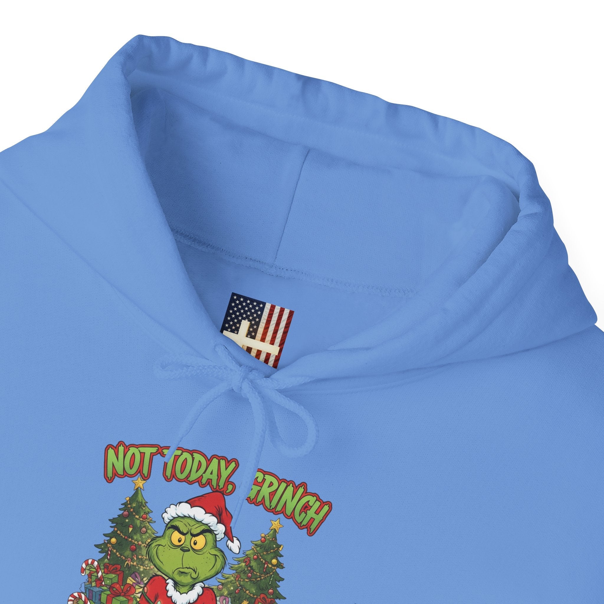🎄 Not Today, Grinch – Jesus Saves | Funny Christian Christmas Hoodie | Sulking Grinch & Glowing Cross | Bold Neon Faith Tee by Uplifted Gear Printify