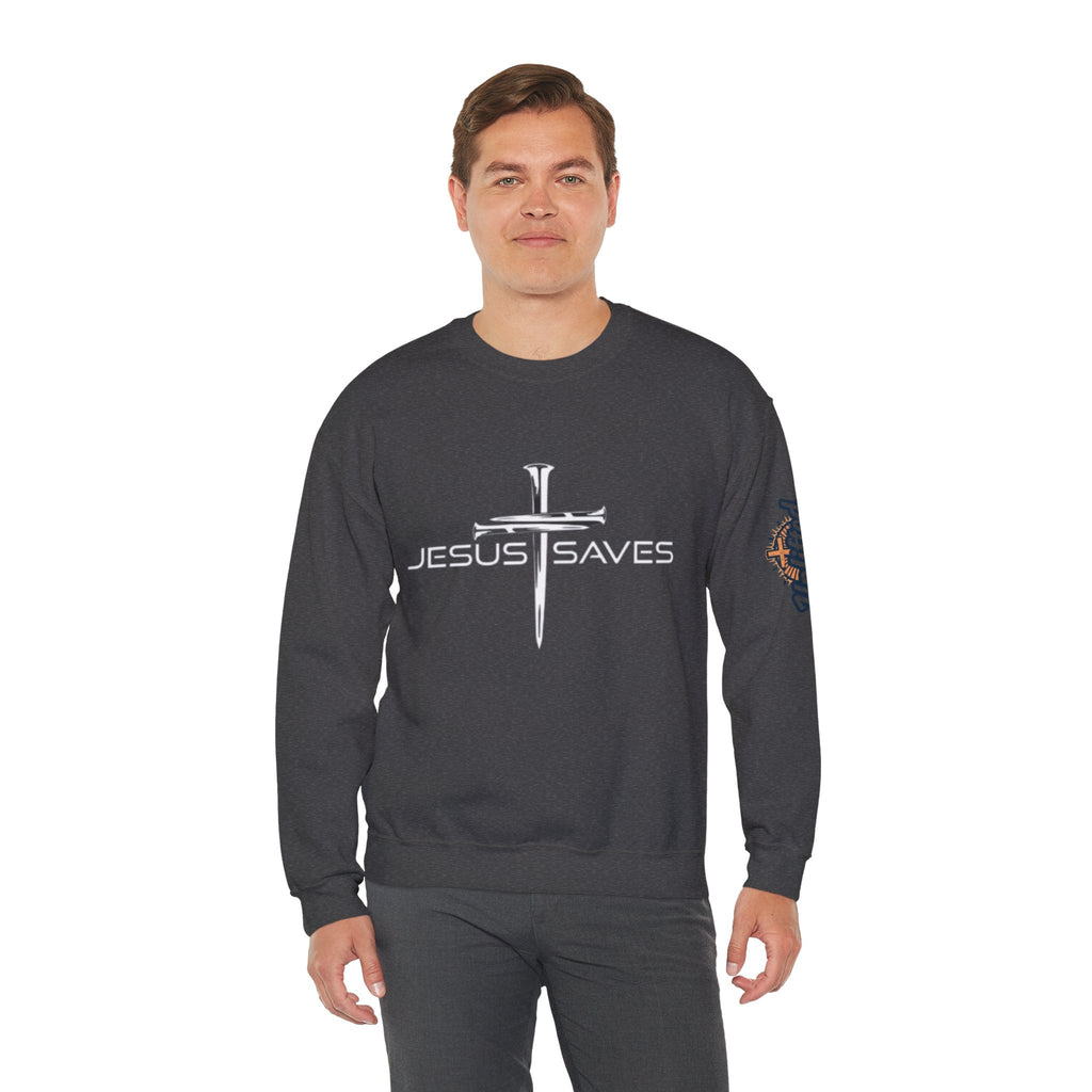 Jesus Saves Sweatshirt – 3 Nails Crucifix Cross Christian Sweatshirt for Redemption Faith & Bold Salvation Printify