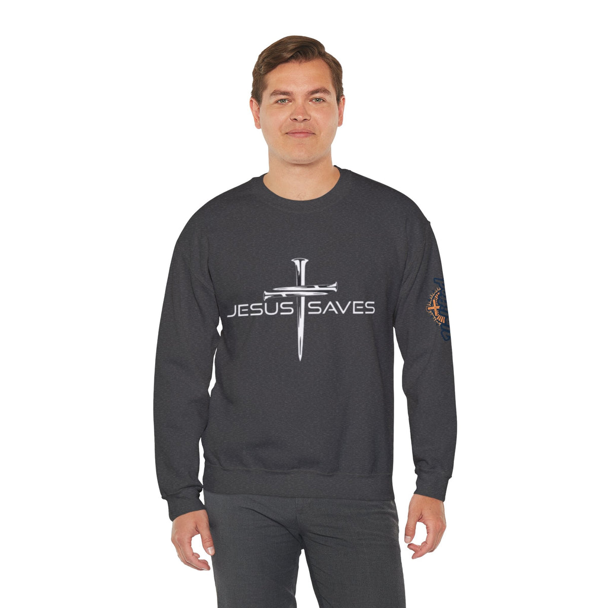Jesus Saves Sweatshirt – 3 Nails Crucifix Cross Christian Sweatshirt for Redemption Faith & Bold Salvation Printify