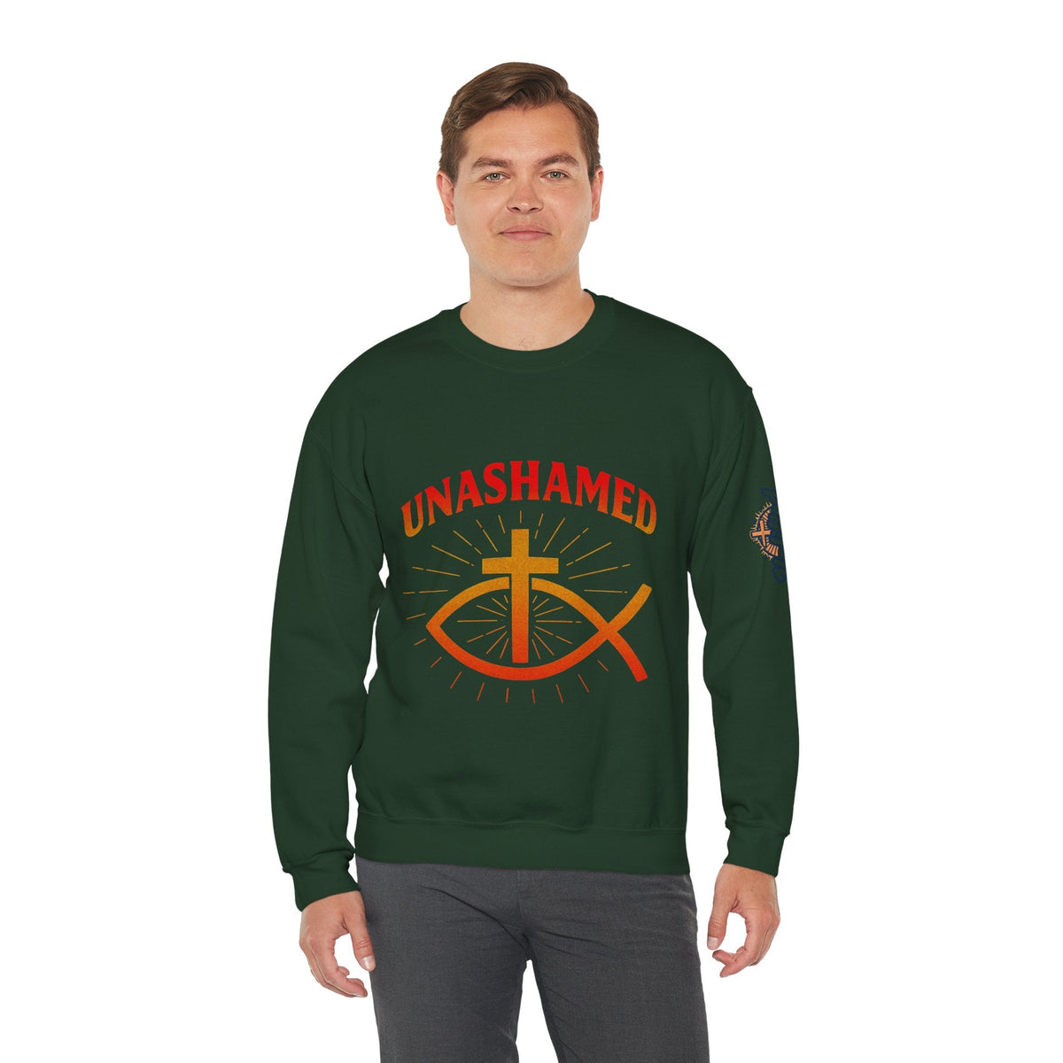 Unashamed Sweatshirt – Ichthys Jesus Fish & Cross Christian Sweatshirt for Romans 1:16 Bold Faith Printify