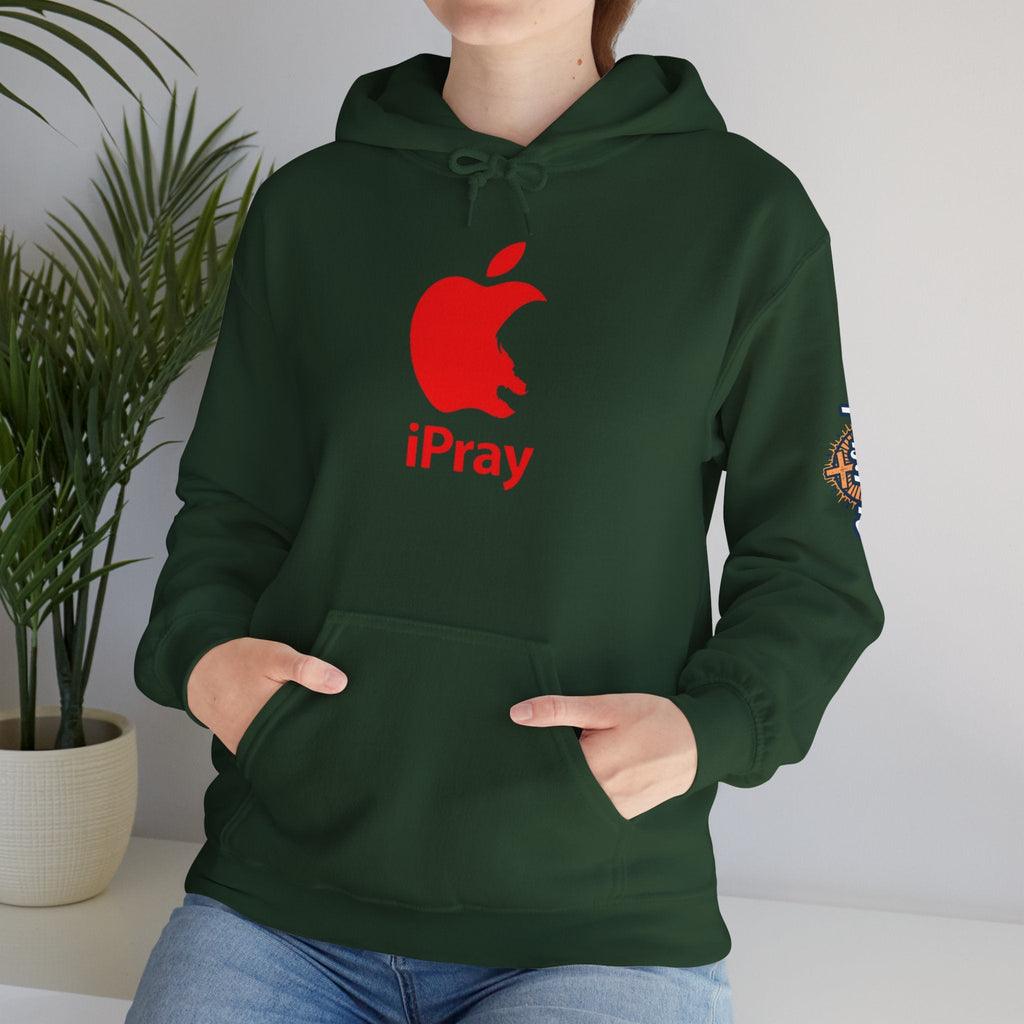 iPray Apple Logo Hoodie — Funny Christian Hoodie (Minimal Red Apple Graphic) Printify