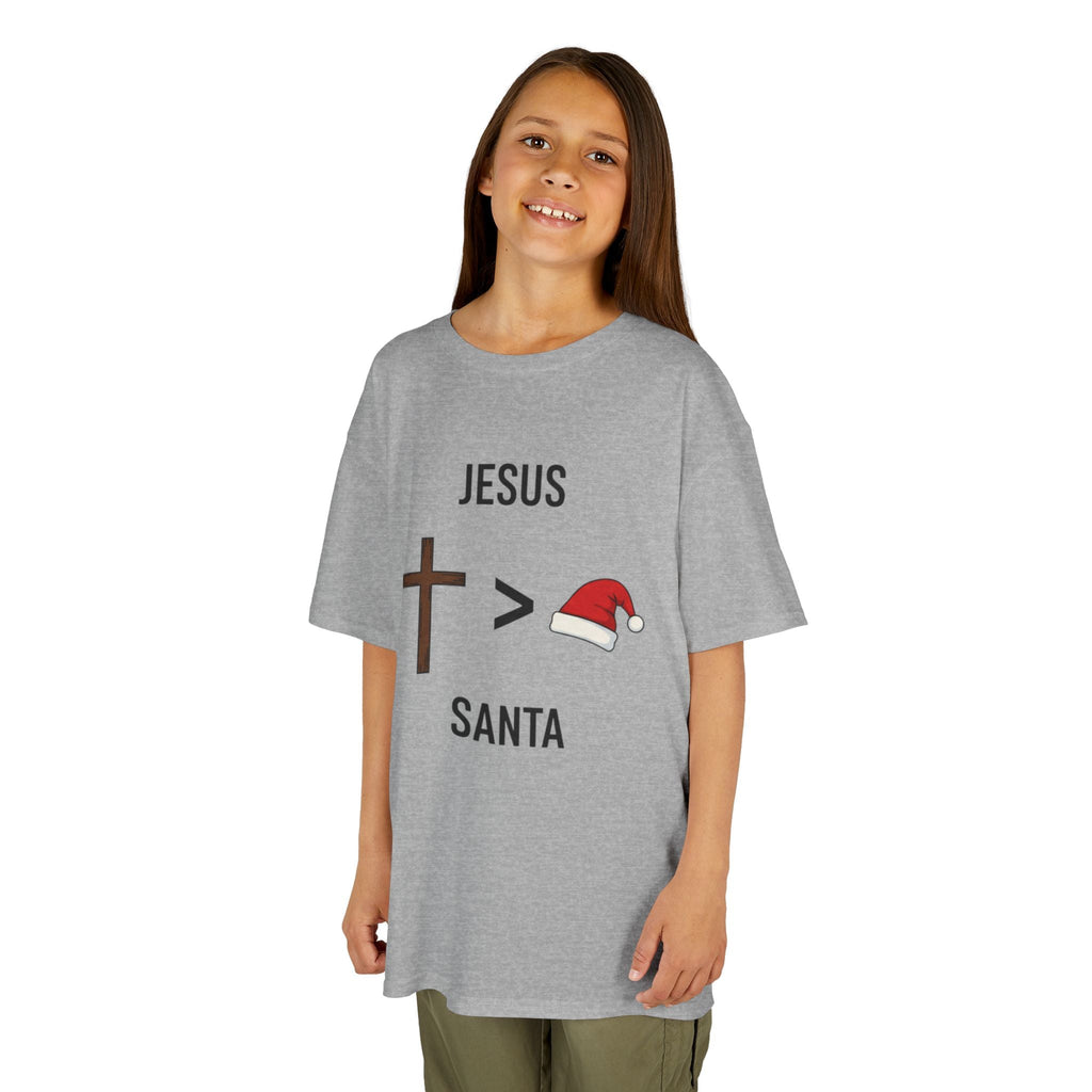 🎄 Jesus > Santa – Minimalist Christian Christmas Kids T-Shirt | Bold Faith Over Holiday Tee | Cross vs Santa Hat Design | Uplifted Gear Printify